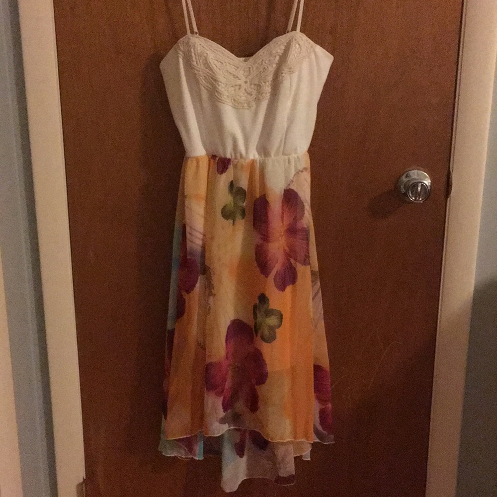 Trac White and Orange Floral High Low Dress
